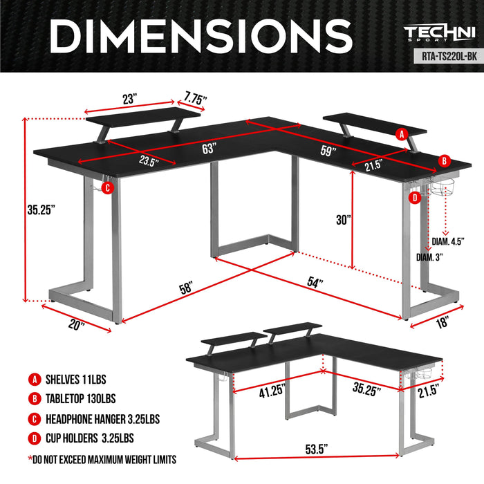 Techni Sport Warrior L-Shaped Gaming Desk, Black