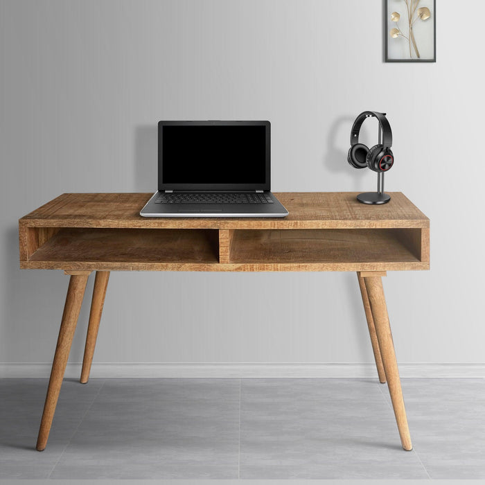 48 Inch Minimalist ManWood Desk, 2 Compartments, Splayed Legs, Weathered Oak Brown