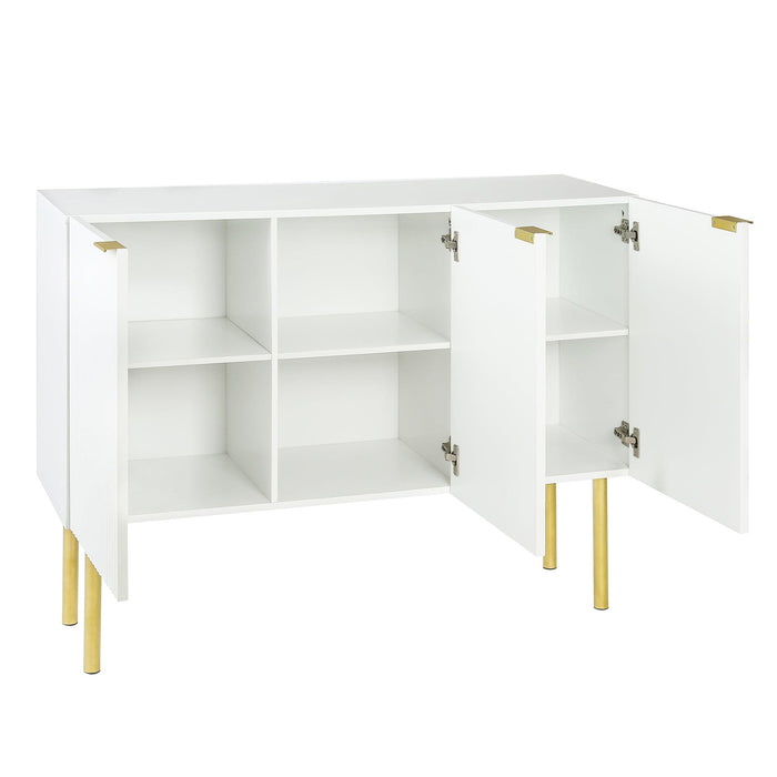 Modern Simple & Luxury Style Sideboard Particle Board & MDF Board Cabinet with Gold Metal Legs & Handles, Adjustable Shelves for Living Room, Dining Room (White)