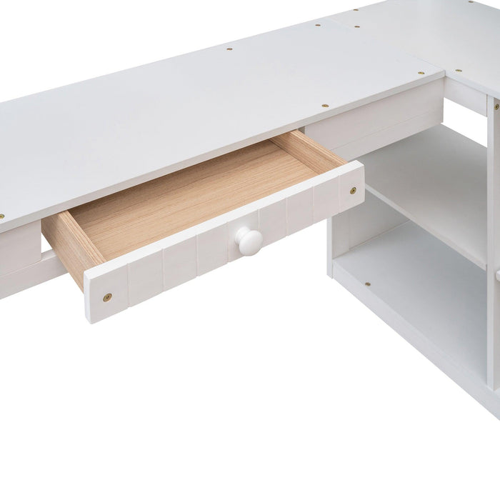 Twin size Loft Bed with Drawers, Cabinet, Shelves and Desk, Wooden Loft Bed with Desk - White