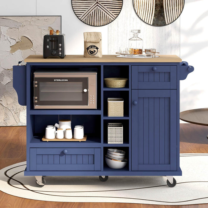 Kitchen Island Cart withStorage Cabinet and Two Locking Wheels,Solid wood desktop,Microwave cabinet,Floor Standing Buffet Server Sideboard for Kitchen Room,Dining Room,, Bathroom（Dark blue）