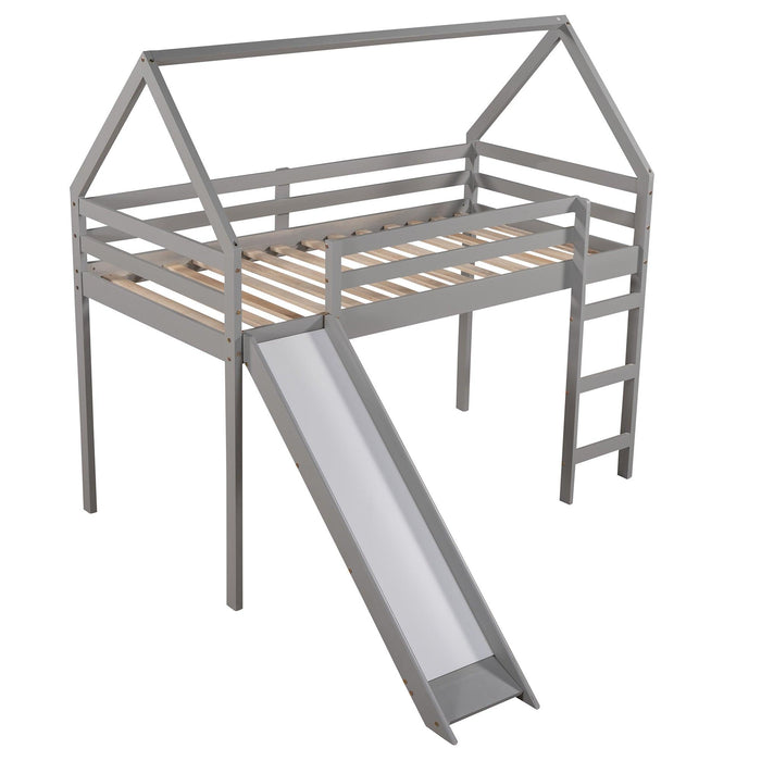 Twin Size Loft Bed with Slide, House Bed with Slide,Gray