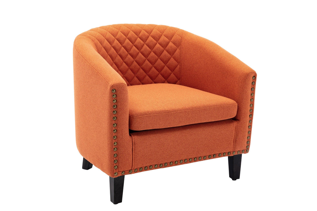 accent Barrel chair living room chair with nailheads and solid wood legs  Orange  linen