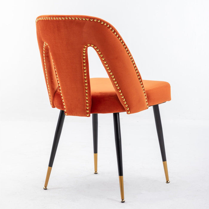 Akoya CollectionModern | Contemporary Velvet Upholstered Dining Chair with Nailheads and Gold Tipped Black Metal Legs, Orange，Set of 2