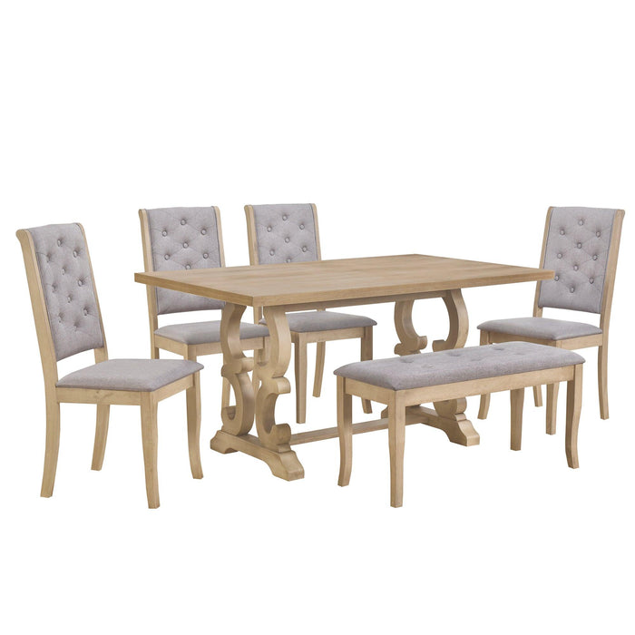 6-Piece Retro Dining Set with Unique-designed Table Legs and Foam-covered Seat Backs&Cushions for Dining Room (Grey Wash)