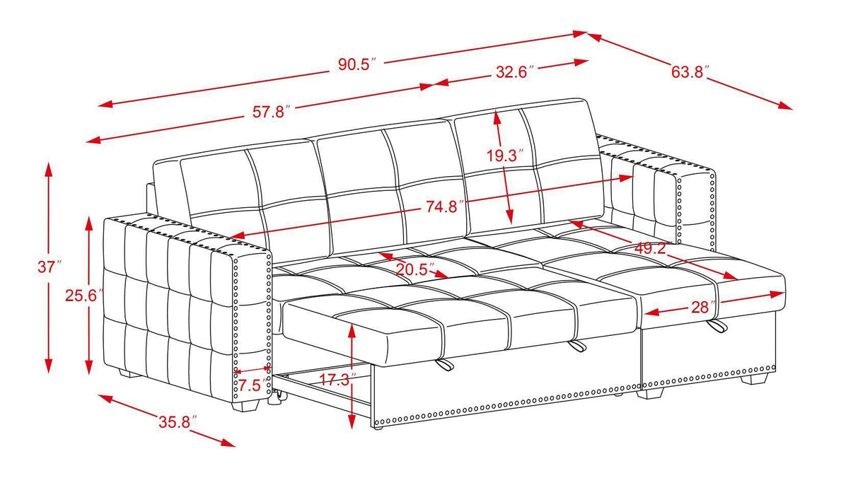 Sectional sofa with pulled out bed,  2 seats sofa and reversible chaise withStorage, both hands with copper nail, GREY, (91" x 64" x 37")