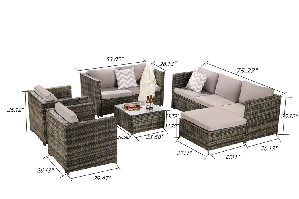 6 PIECES OUTDOOR FURNITUREPRODUCT RATTAN SOFA AND TALBE SET GRAY CUSHION