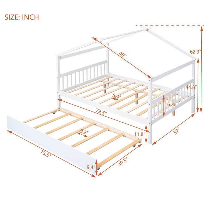 Full Size Wooden House Bed with Twin Size Trundle, White