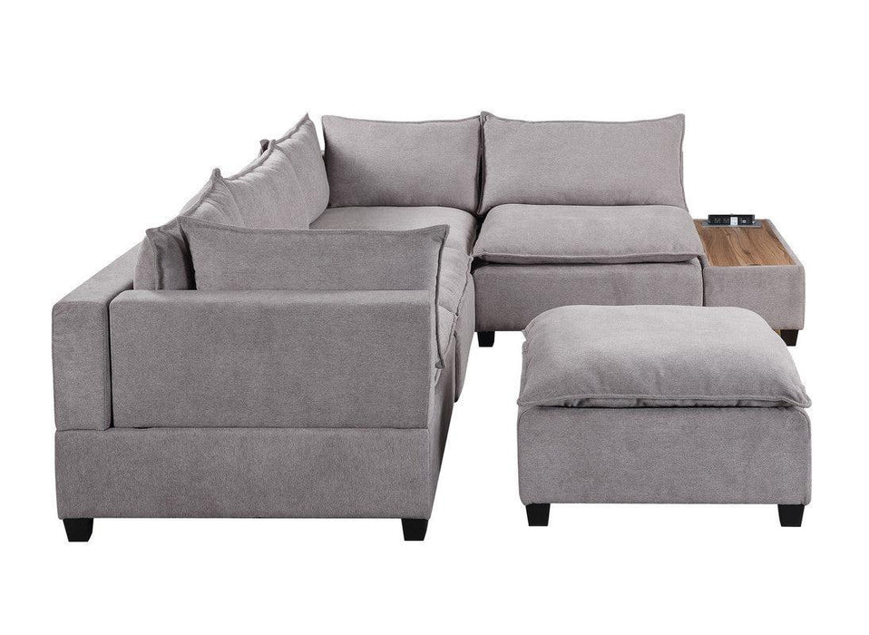 Madison Light Gray Fabric 6 Piece Modular Sectional Sofa with Ottoman and USBStorage Console Table