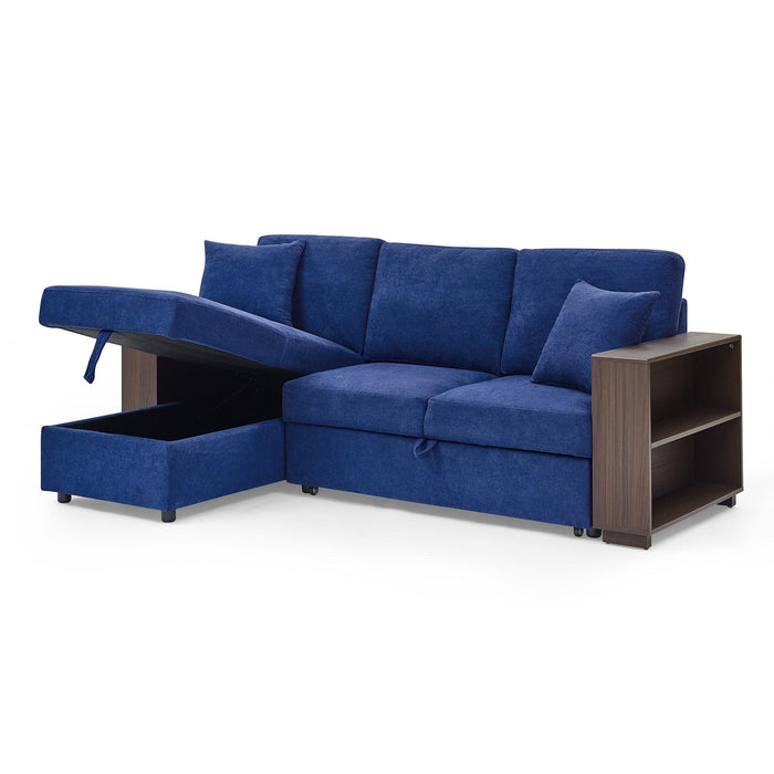 Sectional Sofa with Pulled Out Bed, 2 Seats Sofa and Reversible Chaise withStorage, MDF Shelf Armrest, Two Pillows, Navy Blue, (88" x52" x 34")