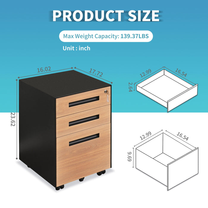 3 Drawer Mobile File Cabinet with Lock Steel File Cabinet for Legal/Letter/A4/F4 Size, Fully Assembled Include Wheels, Home/ Office Design