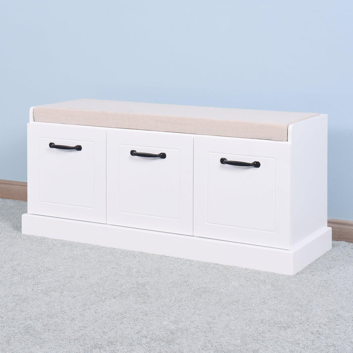 Wooden EntrywayShoe Cabinet Living RoomStorage Bench with White Cushion