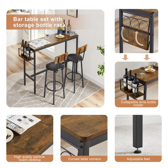 Bar Table Set with wine bottleStorage rack (Rustic Brown,47.24’’w x 15.75’’d x 35.43’’h)