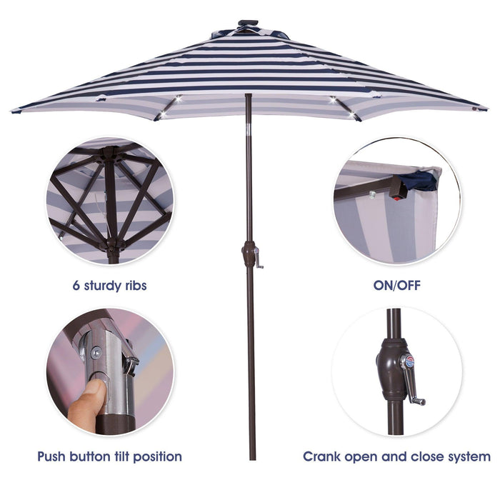 Outdoor Patio 8.7-Feet Market Table Umbrella with Push Button Tilt and Crank, Blue White Stripes With 24 LED Lights[Umbrella Base is not Included]