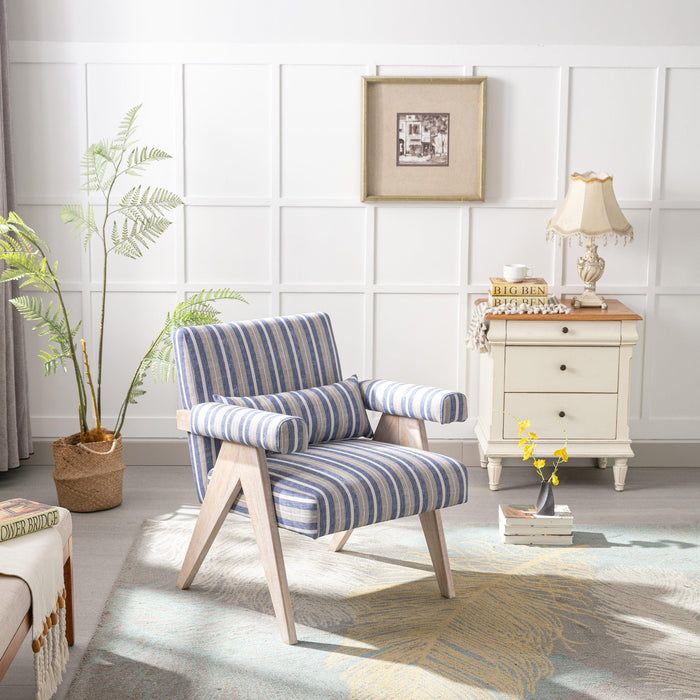 Accent chair, KD rubber wood legs with black finish. Fabric cover the seat. With a cushion.Blue Stripe