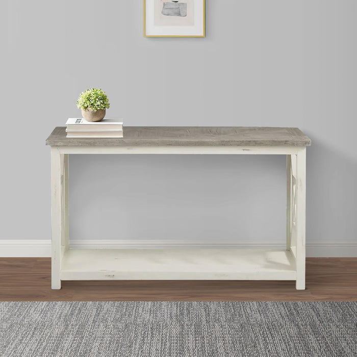 Solid Wood Sofa Console Table with  X Shape Side Panels, White and Brown