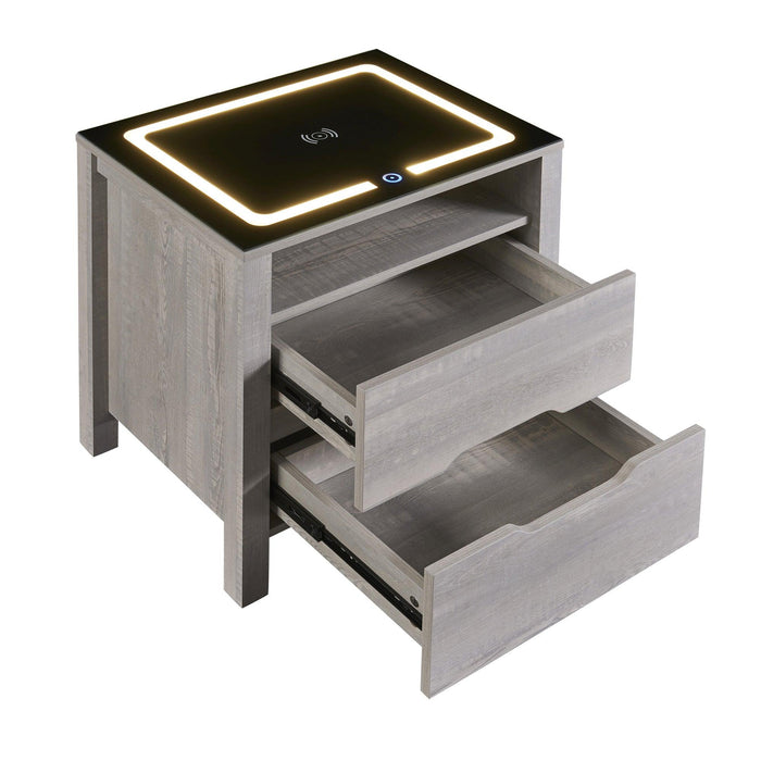 MultifunctionalStorage Nightstand with 2 Drawers and an open shelf, Wireless Charging with adjustable LED, Brown