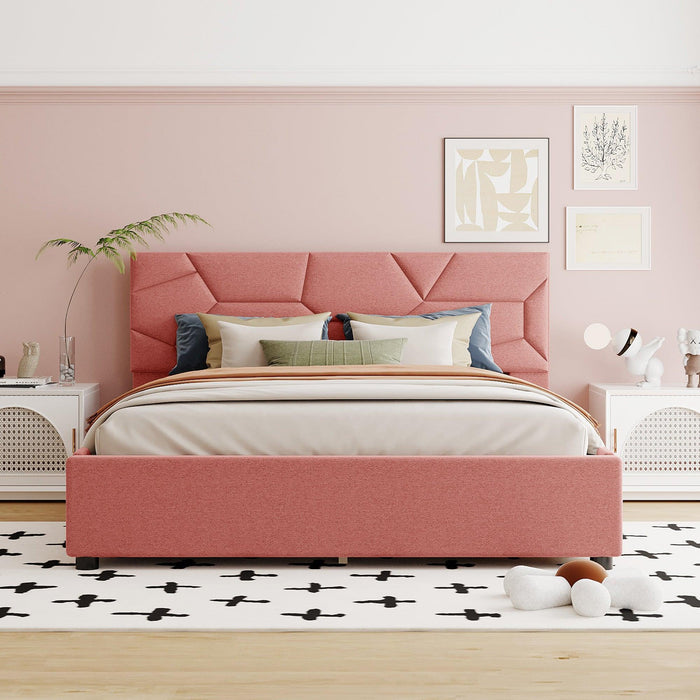 Queen Size Upholstered Platform Bed with Brick Pattern Heardboard and 4 Drawers, Linen Fabric, Pink