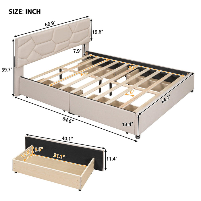 Queen Size Upholstered Platform Bed with Brick Pattern Heardboard and 4 Drawers, Linen Fabric, Beige