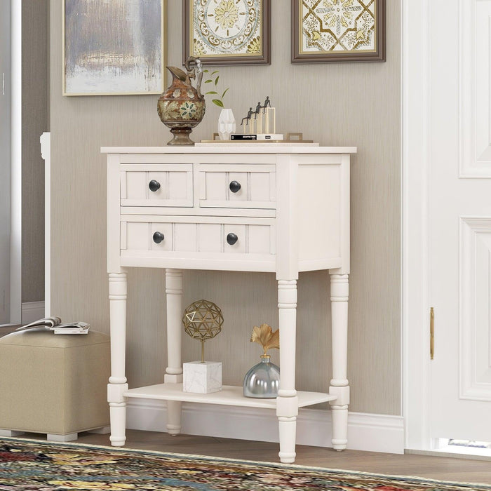 Narrow Console Table, Slim Sofa Table with ThreeStorage Drawers and Bottom Shelf (Ivory White)