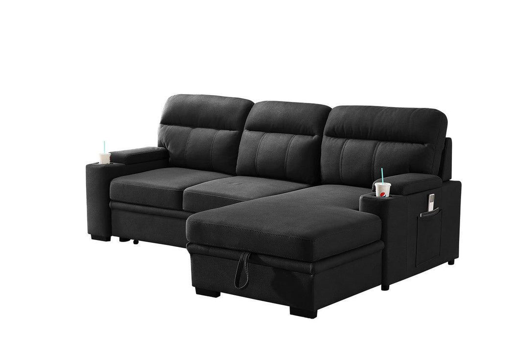 Kaden Black Fabric Sleeper Sectional Sofa Chaise withStorage Arms and Cupholder