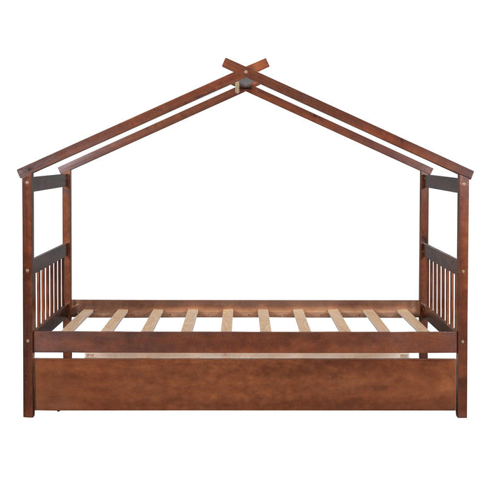 Twin Size Wooden House Bed with Twin Size Trundle, Walnut