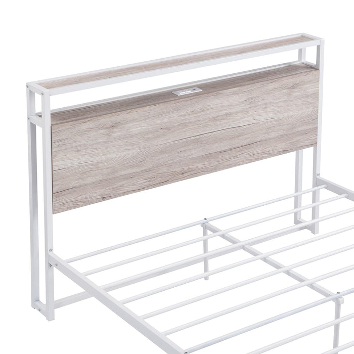 Full Size Metal Platform Bed Frame with Sockets, USB Ports and Slat Support ,No Box Spring Needed White