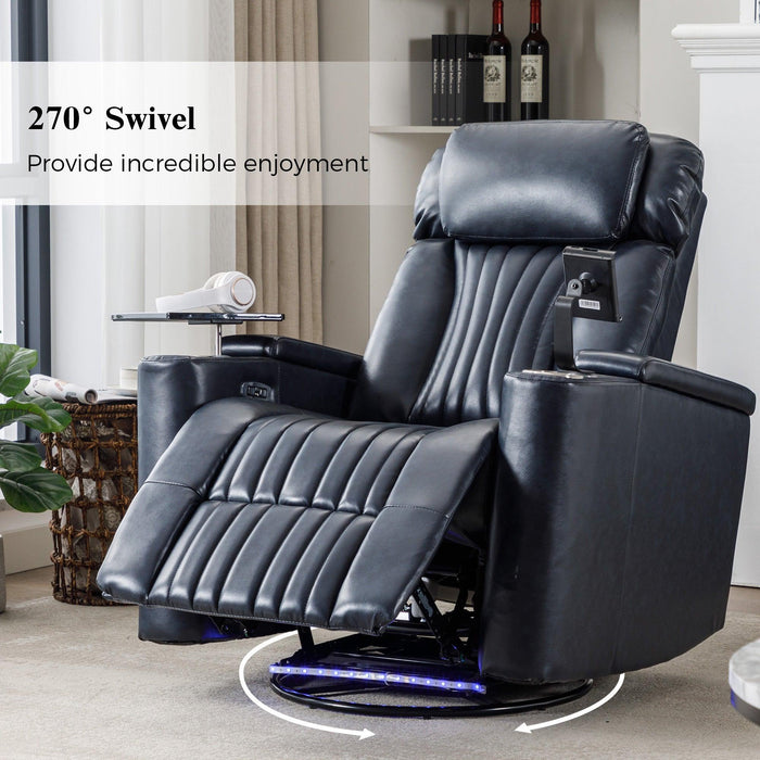 270° Power Swivel Recliner,Home Theater Seating With Hidden ArmStorage and  LED Light Strip,Cup Holder,360° Swivel Tray Table,and Cell Phone Holder,Soft Living Room Chair,Blue