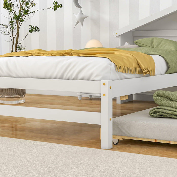 TwinStorage House Bed for kids with Bedside Table, Trundle, White