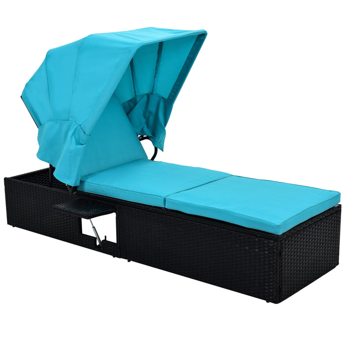 76.8" Long Reclining Single Chaise Lounge with Cushions,Canopy and Cup Table, Black Wicker+ Blue Cushion, Set of 2