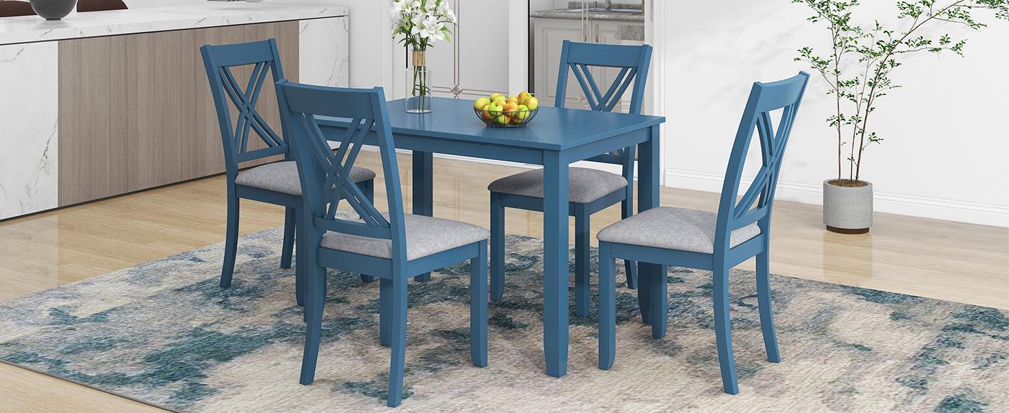 Rustic Minimalist Wood 5-Piece Dining Table Set with 4 X-Back Chairs for Small Places, Blue