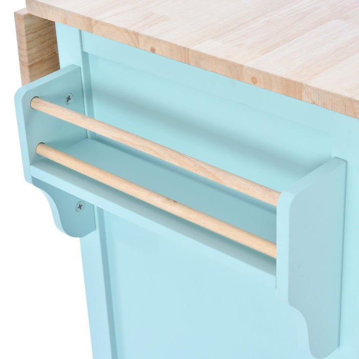 Kitchen Cart with Rubber wood Drop-Leaf Countertop, Concealed sliding barn door adjustable height,Kitchen Island on 4 Wheels withStorage Cabinet and 2 Drawers,L52.2xW30.5xH36.6 inch, Mint Green