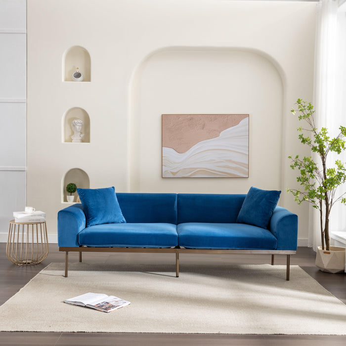 Modern Velvet Sofa with Metal Legs,Loveseat Sofa Couch with Two Pillows for Living Room and Bedroom,Blue