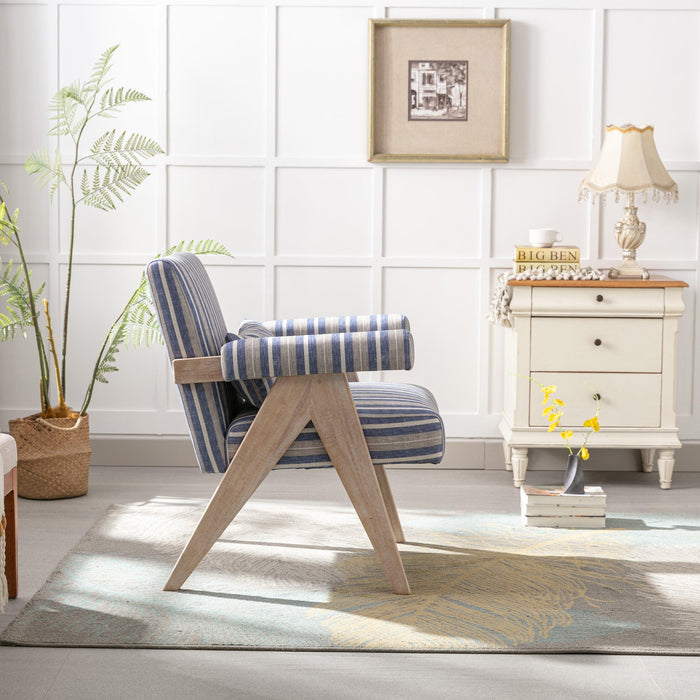 Accent chair, KD rubber wood legs with black finish. Fabric cover the seat. With a cushion.Blue Stripe