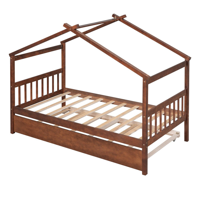 Twin Size Wooden House Bed with Twin Size Trundle, Walnut