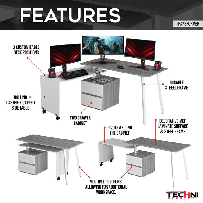 Techni Mobili Rotating Multi-PositionalModern Desk, Grey