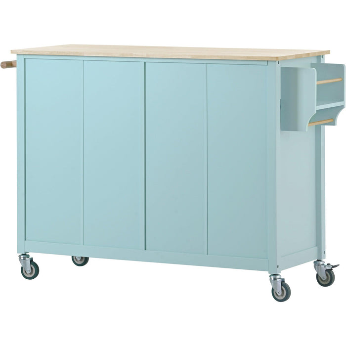 Kitchen Island Cart with 4 Door Cabinet and Two Drawers and 2 Locking Wheels - Solid Wood Top, Adjustable Shelves, Spice & Towel Rack（Mint Green）