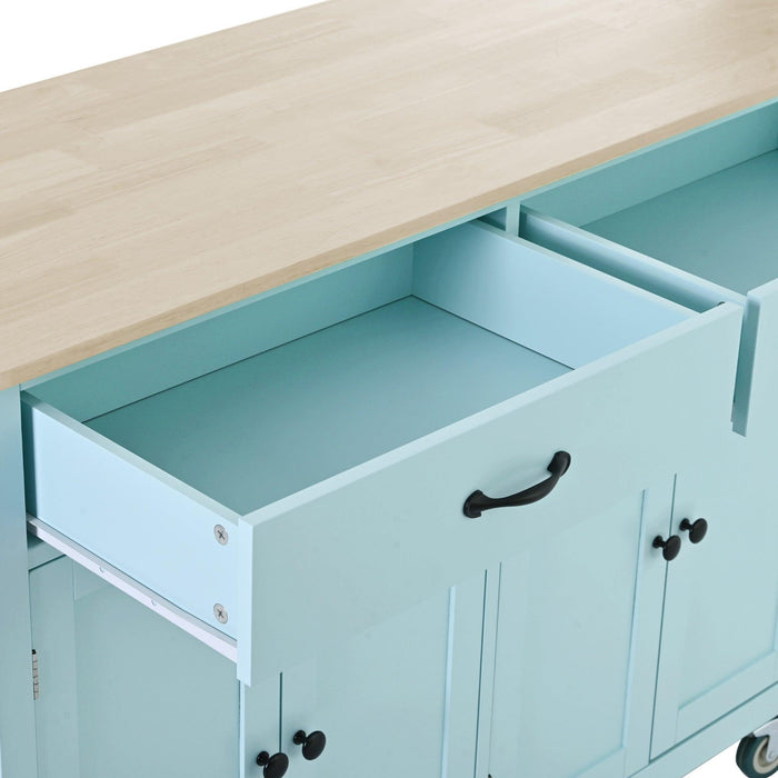 Kitchen Island Cart with 4 Door Cabinet and Two Drawers and 2 Locking Wheels - Solid Wood Top, Adjustable Shelves, Spice & Towel Rack（Mint Green）