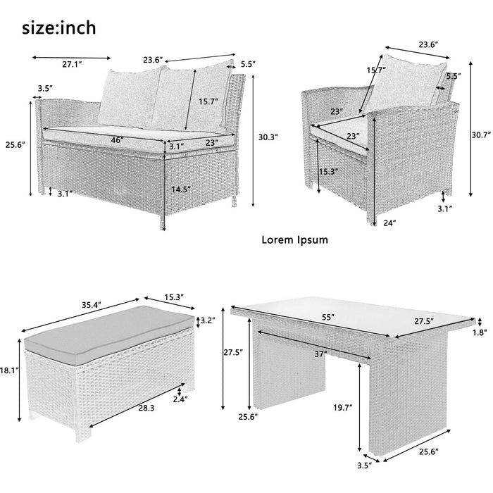 Patio Furniture Set, 6 PCS Outdoor Conversation Set, Dining Table Chair with Bench and Cushions(As same as WY000262AAE)