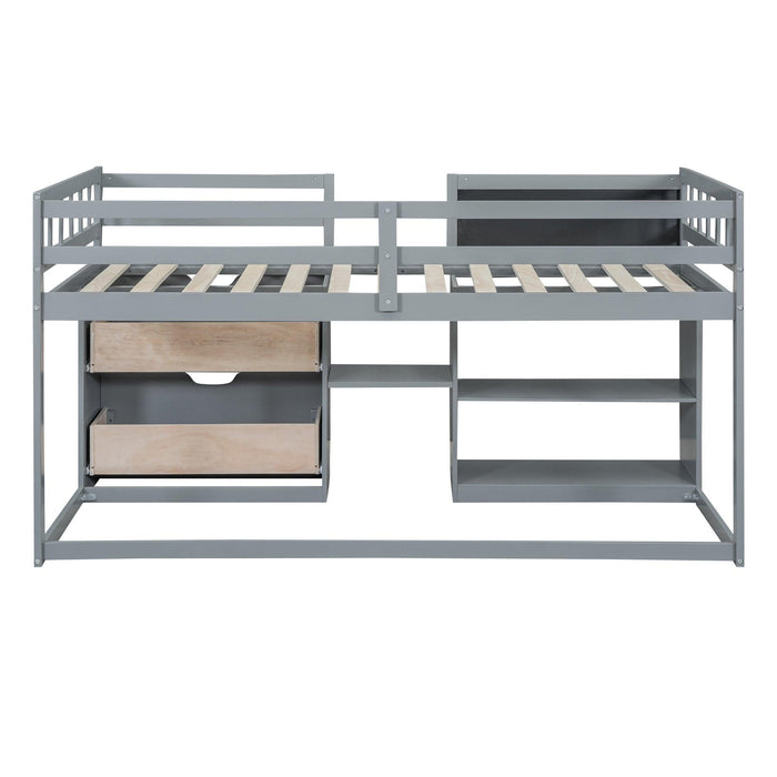 Twin Size Low Loft Bed with Rolling Desk, Shelf and Drawers - Gray