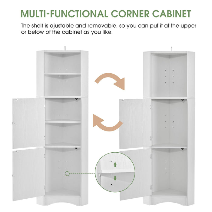 Tall Bathroom Corner Cabinet, FreestandingStorage Cabinet with Doors and Adjustable Shelves, MDF Board, White