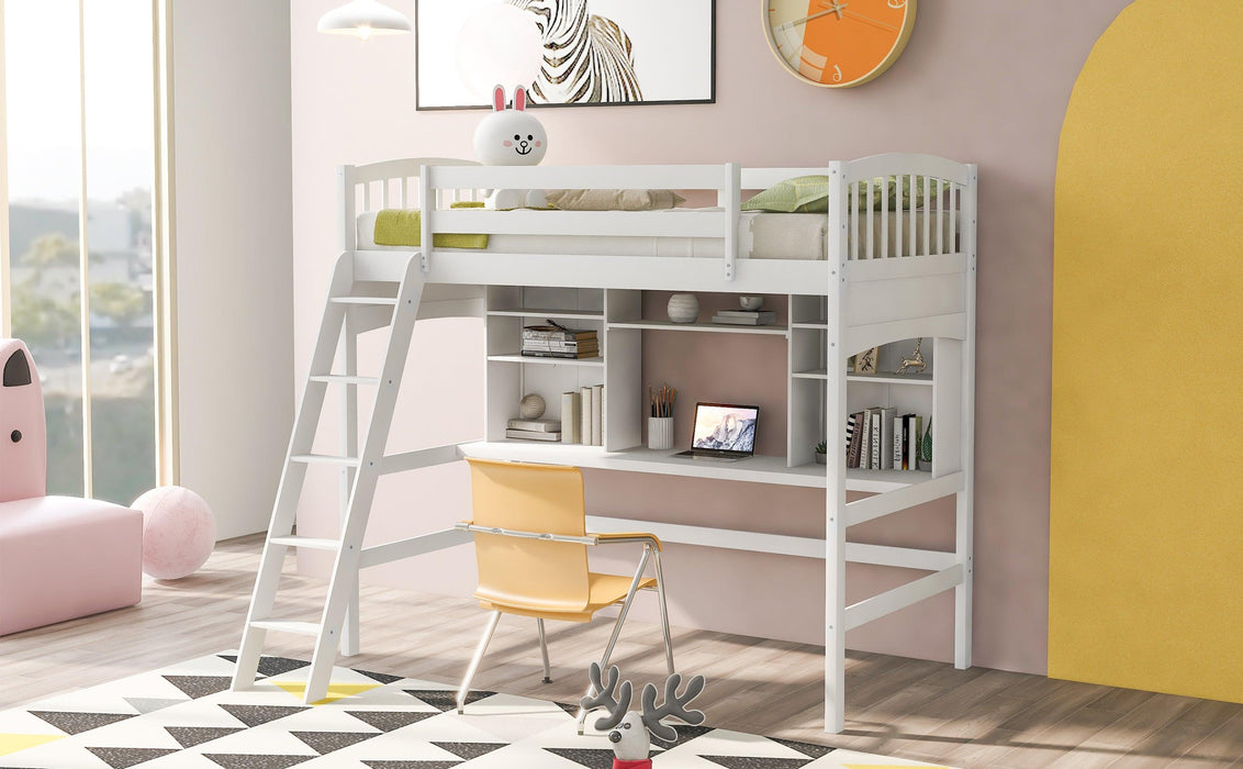 Twin size Loft Bed withStorage Shelves, Desk and Ladder, White