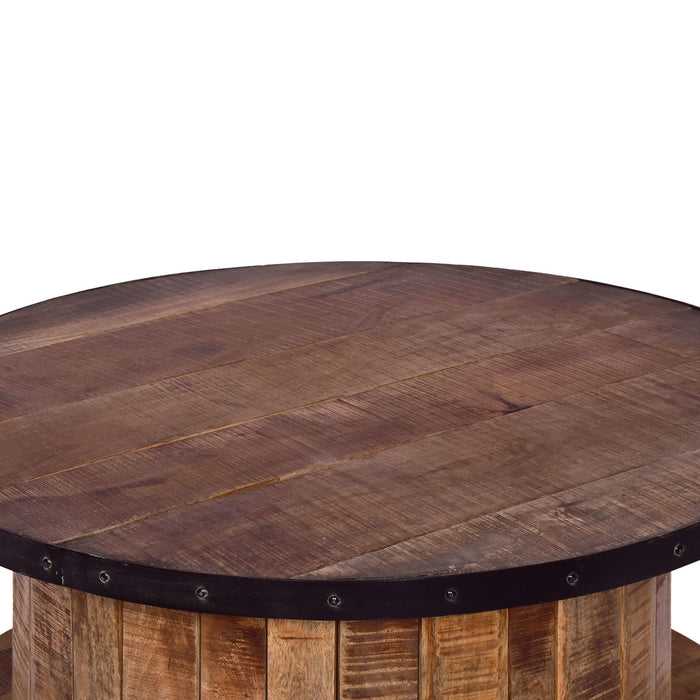 36 Inch ManWood Farmhouse Coffee Table with Rustic Plank Style Round Top and Base, Walnut and Natural Brown