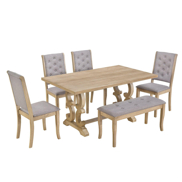 6-Piece Retro Dining Set with Unique-designed Table Legs and Foam-covered Seat Backs&Cushions for Dining Room (Grey Wash)