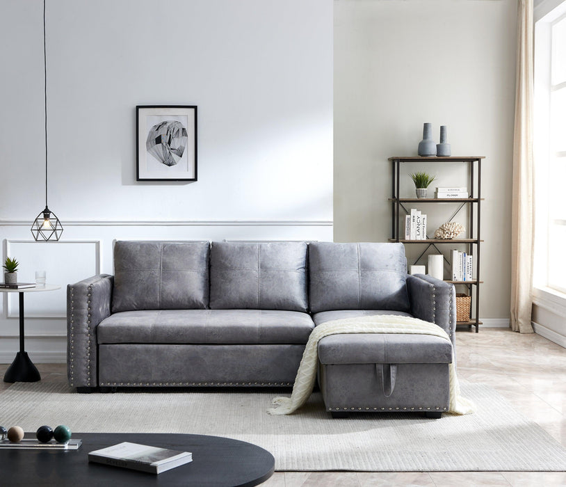 Sectional sofa with pulled out bed,  2 seats sofa and reversible chaise withStorage, both hands with copper nail, GREY, (91" x 64" x 37")