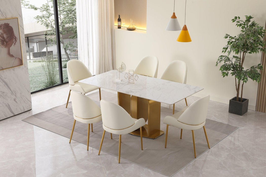 71" Contemporary Dining Table in Gold with Sintered Stone Top and  U shape Pedestal Base in Gold finish with 6 pcs Chairs .