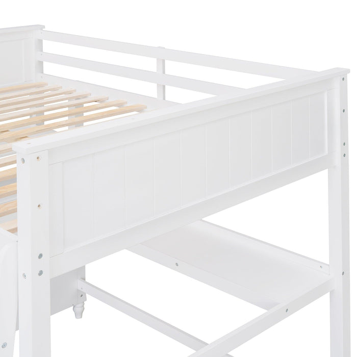 Full size Loft Bed with Drawers and Desk, Wooden Loft Bed with Shelves - White