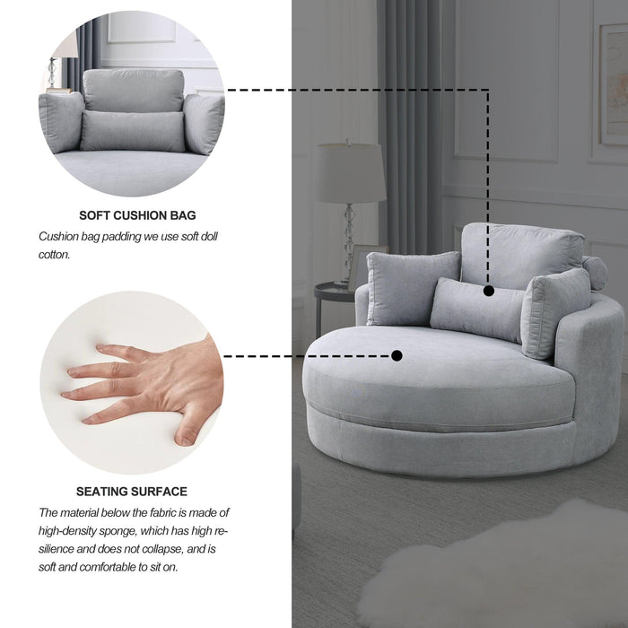 Swivel Accent BarrelModern Grey Sofa Lounge Club Big Round Chair withStorage Ottoman Linen Fabric for Living Room Hotel with Pillows