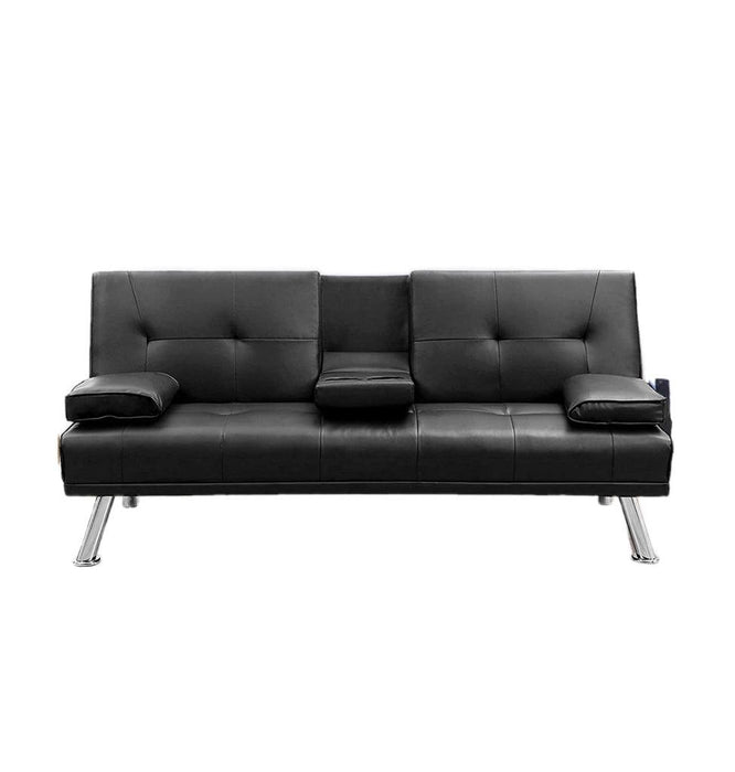 Futon Sofa Bed,Modern Faux Leather Convertible Folding Lounge Sofa for Living Room with 2 Cup Holders Removable Soft Armrests and Sturdy Metal Legs, Charming Black.