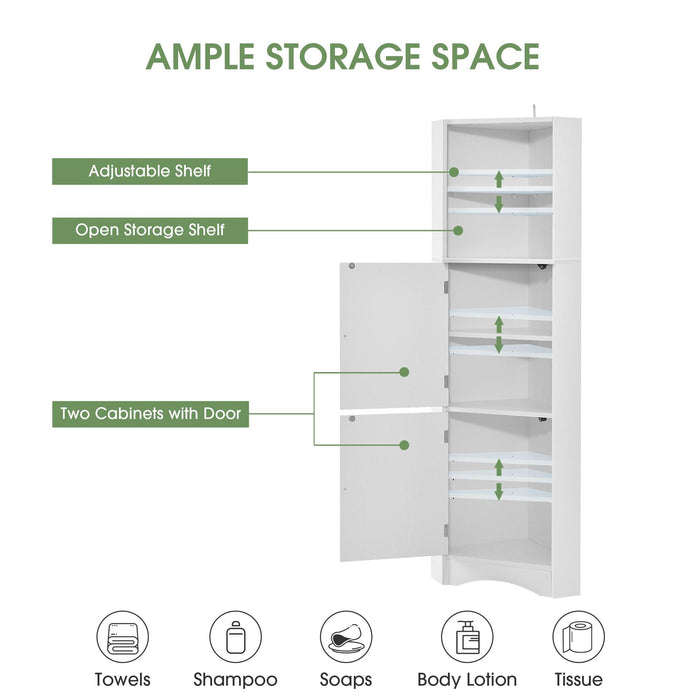 Tall Bathroom Corner Cabinet, FreestandingStorage Cabinet with Doors and Adjustable Shelves, MDF Board, White